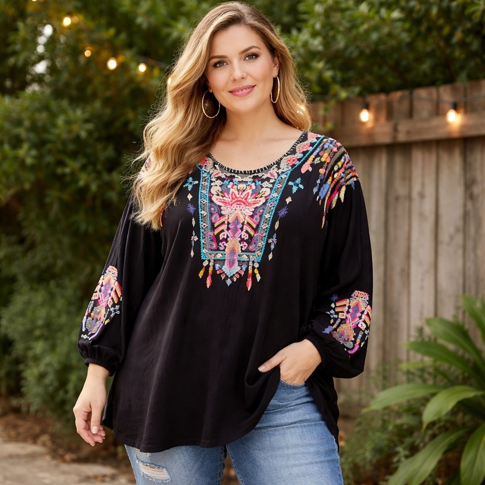 New Laura Klein Embroidered Boho Tunic Top XXL Black Colorful Indie Festival